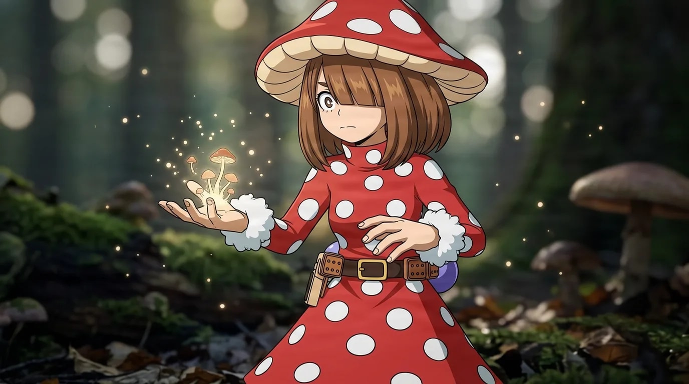 『僕のヒーローアカデミア』のキャラクター、小森希乃子。細部まで描き込まれた背景を伴う、クローズアップのセル画調アニメシーンとして描かれている。