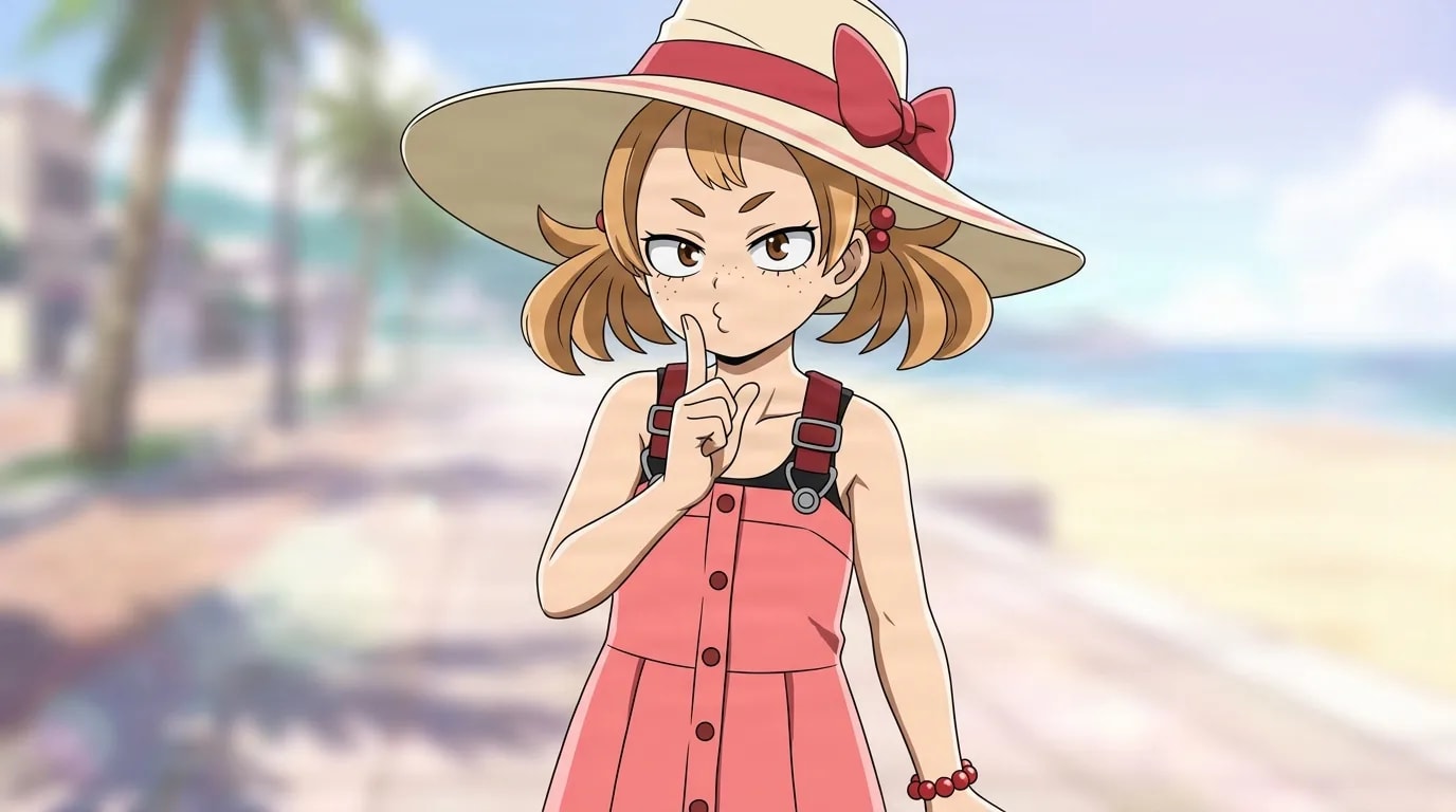 『僕のヒーローアカデミア』のキャラクター、島乃真幌。細部まで描き込まれた背景を伴う、クローズアップのセル画調アニメシーンとして描かれている。