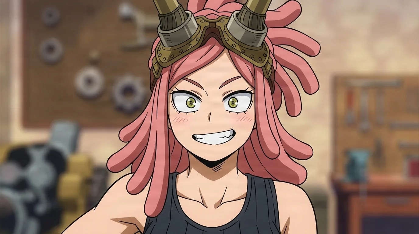 Mei Hatsume from My Hero Academia in a close-framed cel-shaded anime scene with a detailed environment