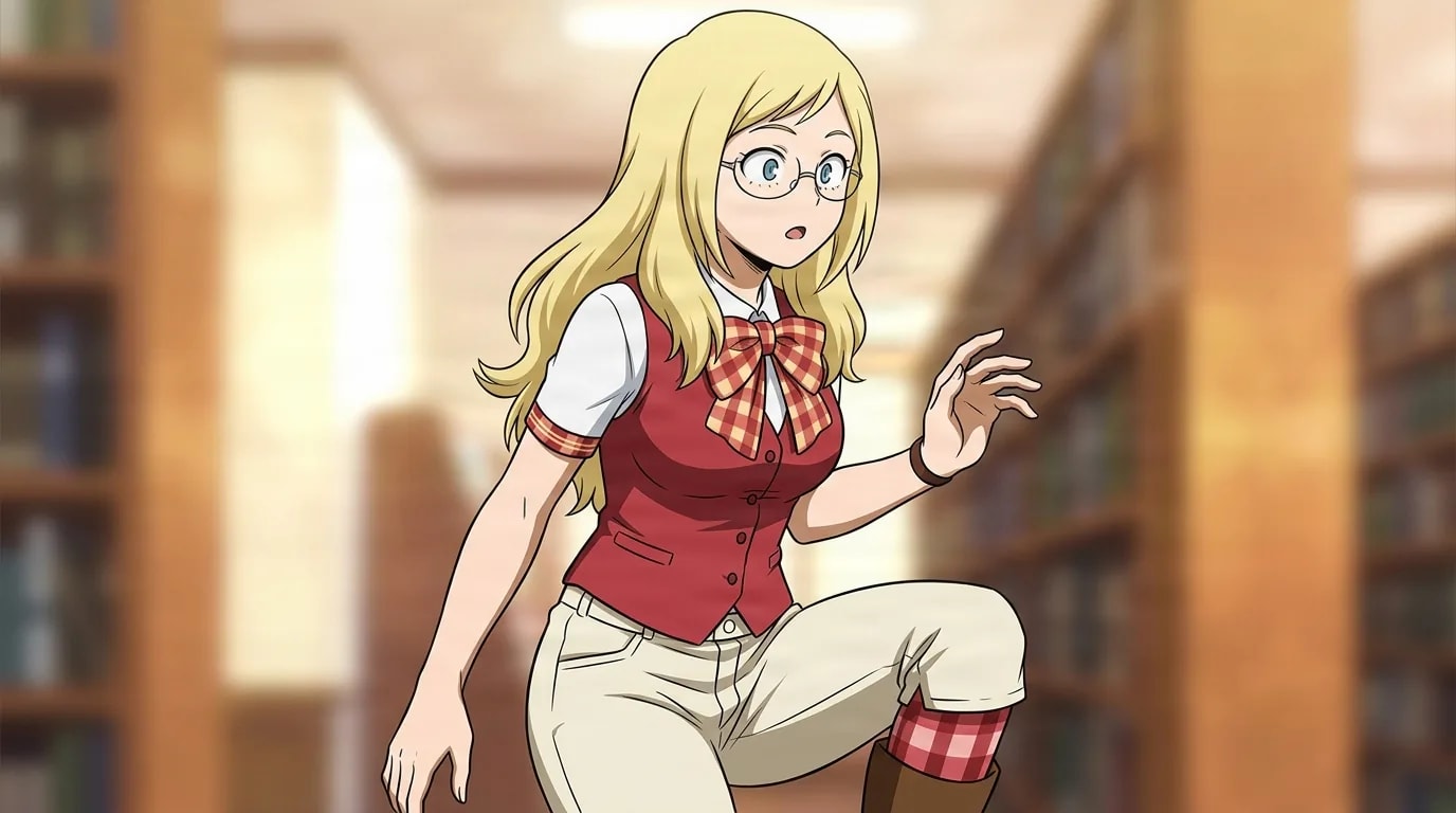『僕のヒーローアカデミア』のキャラクター、メリッサ・シールド。細部まで描き込まれた背景を伴う、クローズアップのセル画調アニメシーンとして描かれている。