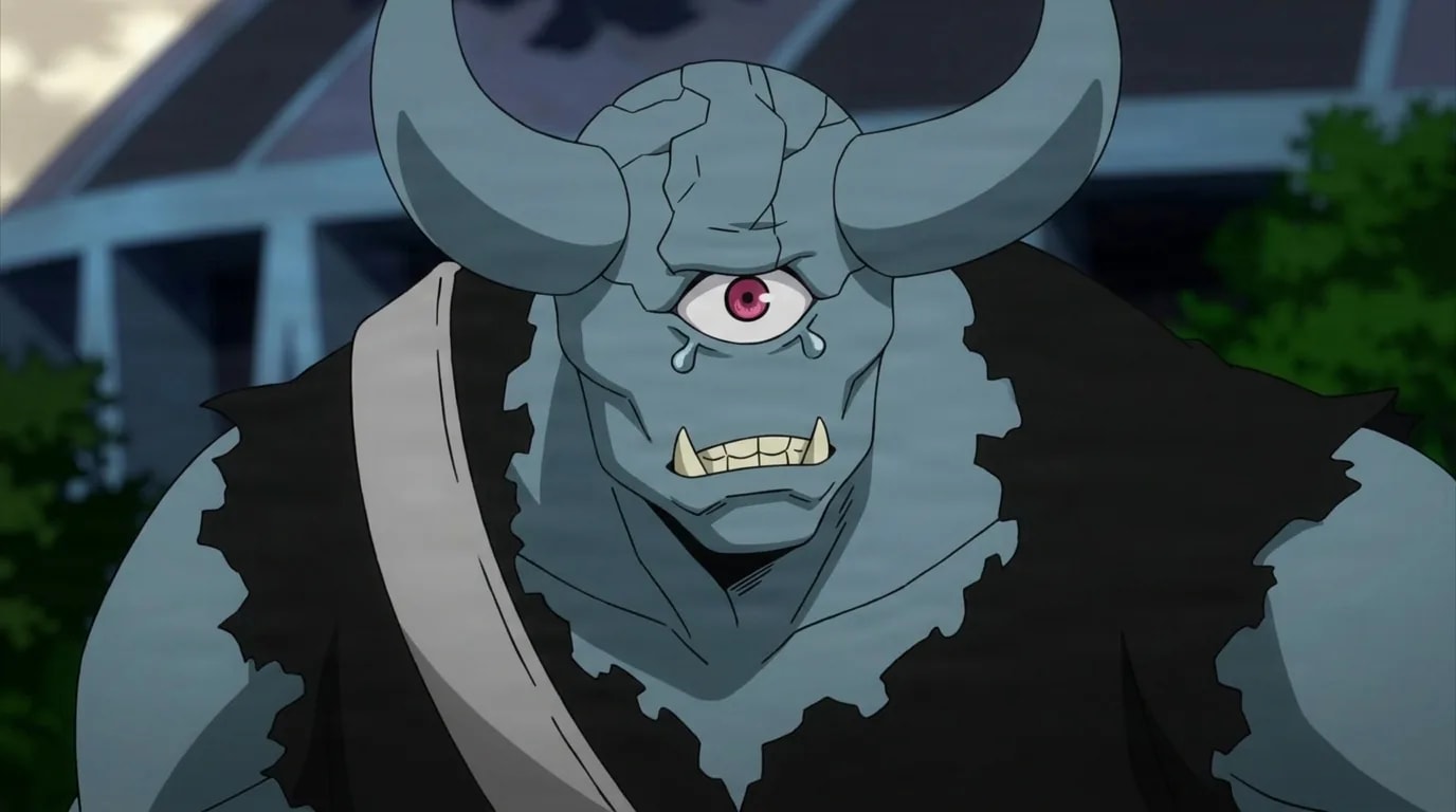 Minotaurus from My Hero Academia in a close-framed cel-shaded anime scene with a detailed environment