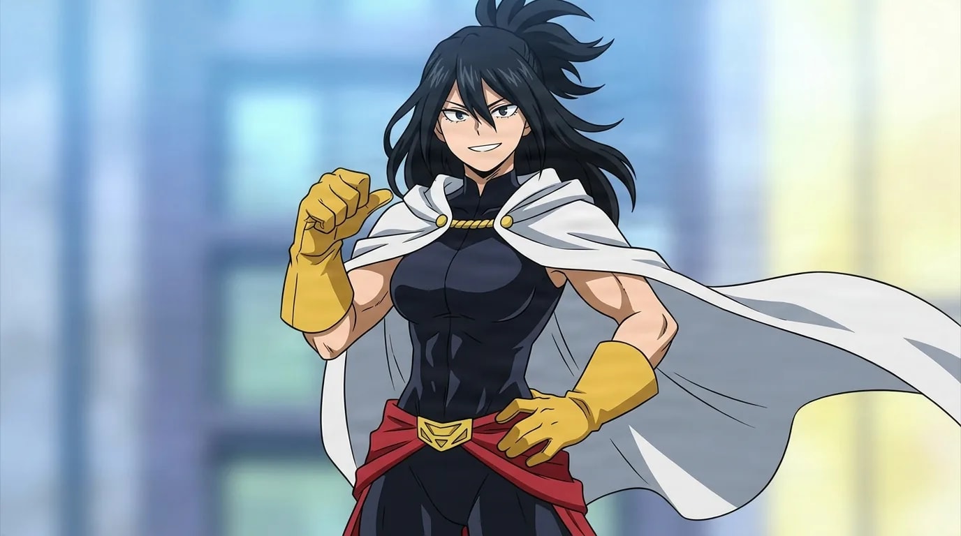 『僕のヒーローアカデミア』のキャラクター、志村菜奈。細部まで描き込まれた背景を伴う、クローズアップのセル画調アニメシーンとして描かれている。