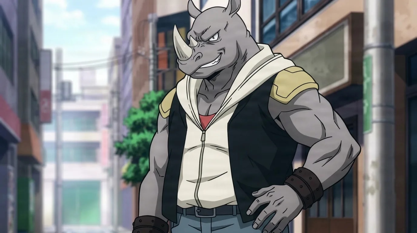 『僕のヒーローアカデミア』のキャラクター、ライノマン。細部まで描き込まれた背景を伴う、クローズアップのセル画調アニメシーンとして描かれている。