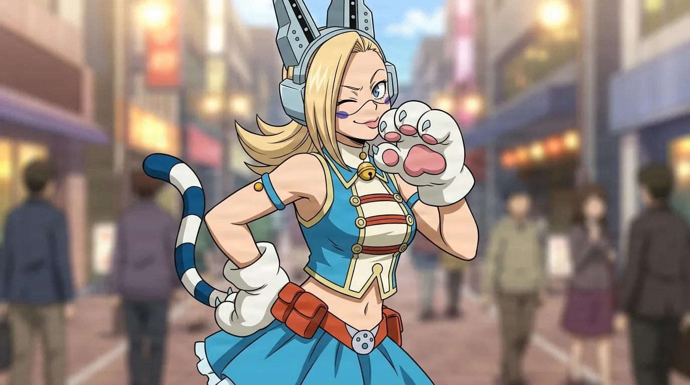 『僕のヒーローアカデミア』のキャラクター、土川流子。細部まで描き込まれた背景を伴う、クローズアップのセル画調アニメシーンとして描かれている。