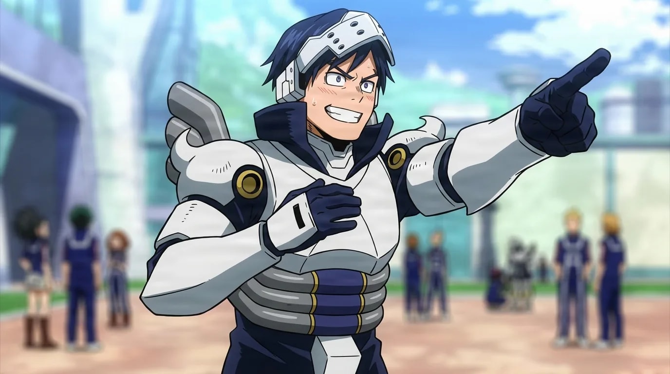 Tenya Ida from My Hero Academia in a close-framed cel-shaded anime scene with a detailed environment
