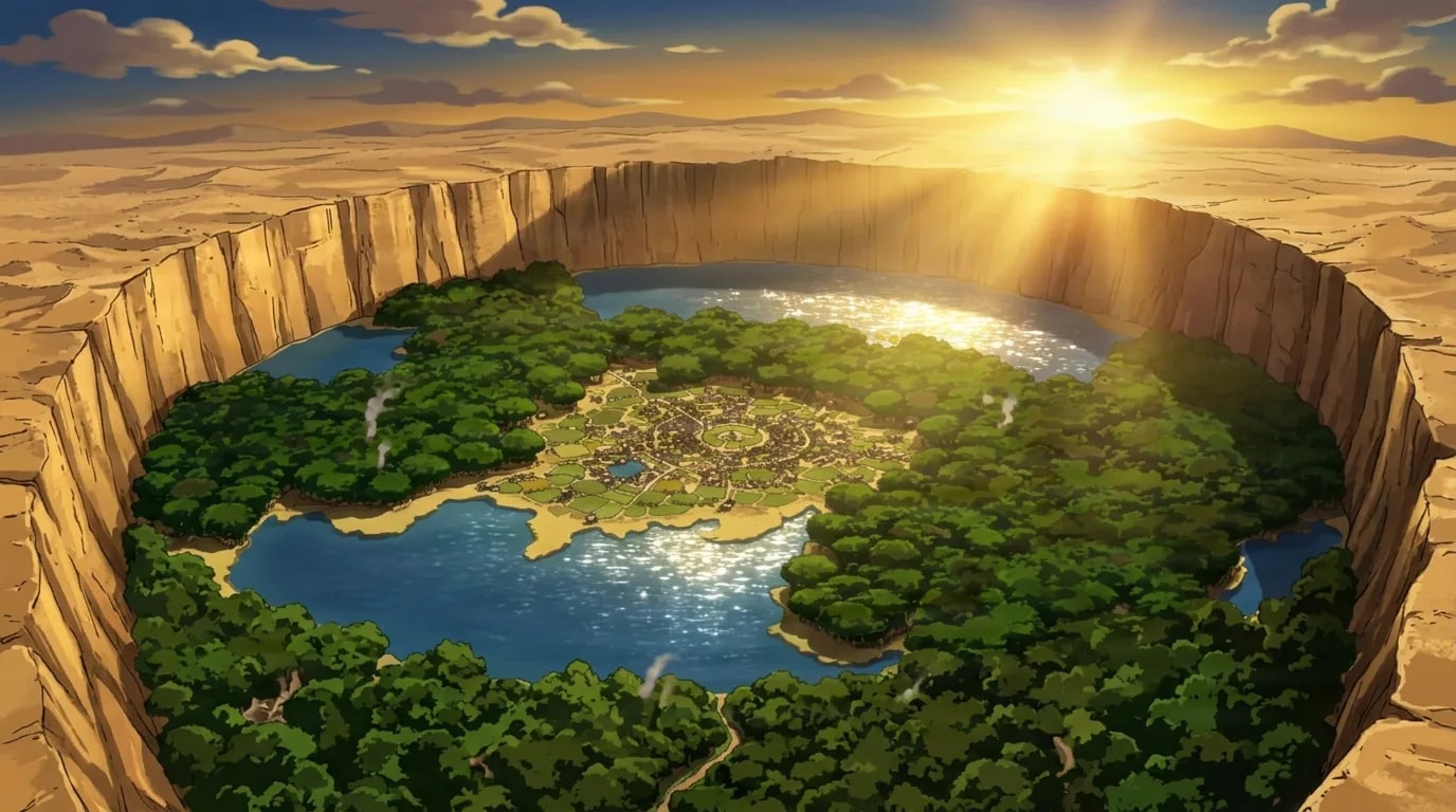An aerial view of a hidden village nestled in a green forested crater ringed by tall sandy cliffs with blue lakes below and the sun rising over the rim