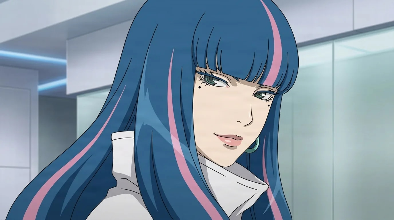 Mujer de largo cabello azul con mechones rosas, ojos verdes y un pequeño lunar en el rostro que mira de reojo con una suave sonrisa en un elegante interior moderno.