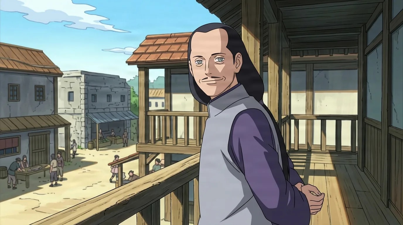 Long-haired official stands at a wooden balcony rail overlooking a sunny market courtyard