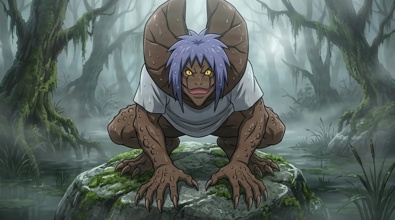 Clawed toad-skinned creature with purple hair grins while crouched on a mossy boulder in a misty swamp
