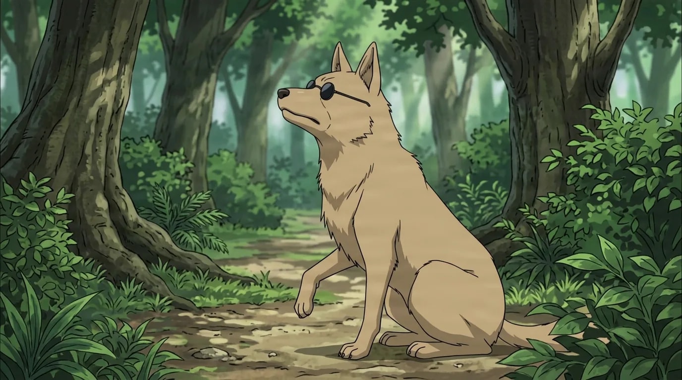 Tan ninken dog wearing sunglasses sits alert on a green forest path