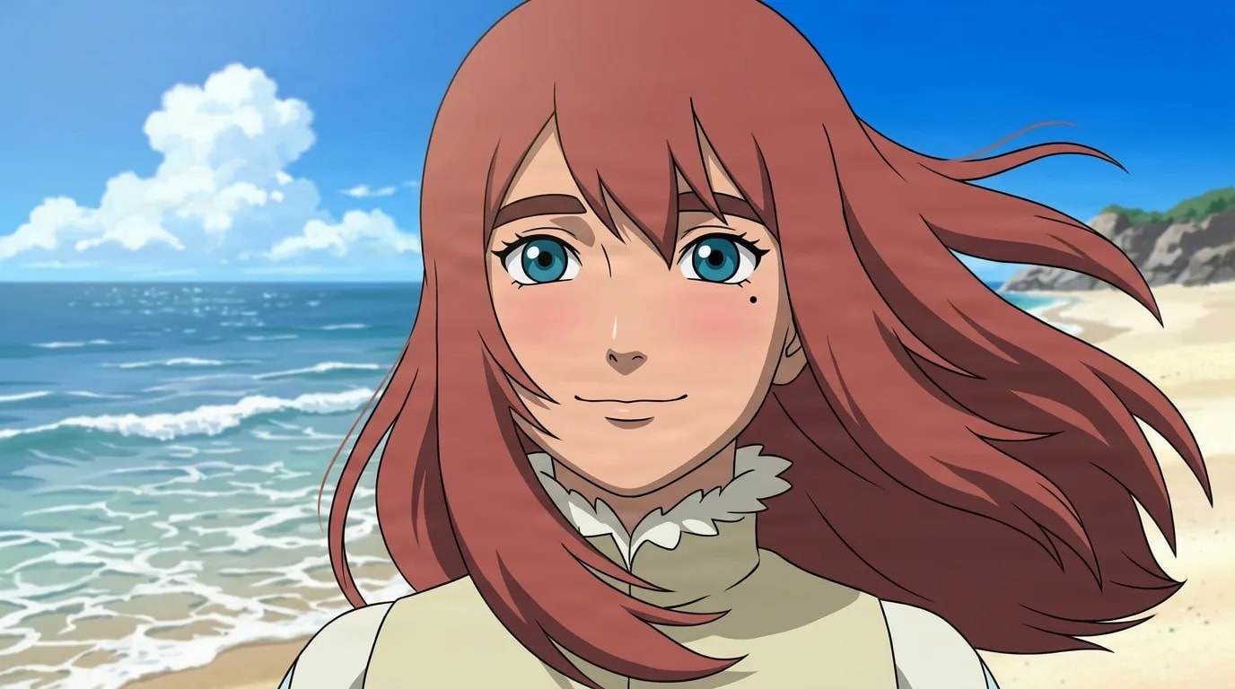 A girl with long reddish-brown hair and blue eyes smiles softly on a sunny beach as sea wind lifts her hair over the ocean