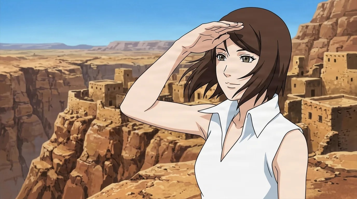 Short-haired woman in a white collared shirt shades her eyes as she gazes over a cliffside desert village under a blue sky.