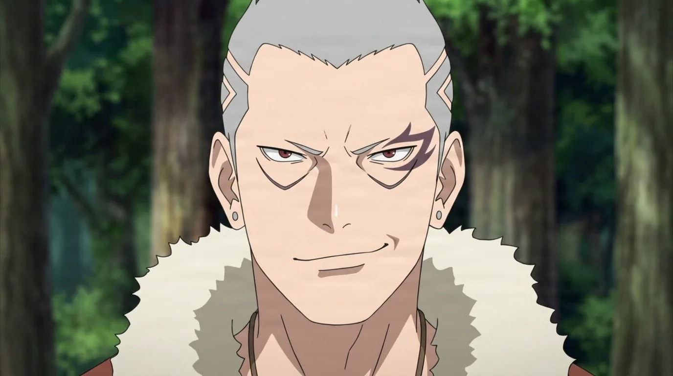 Aniki from Naruto in a close-framed cel-shaded anime scene with a detailed environment