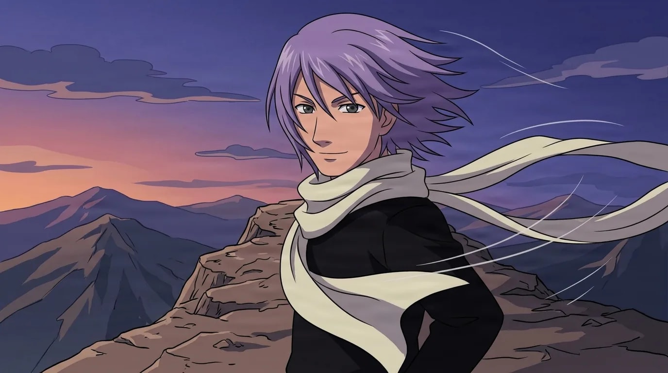 Purple haired shinobi in a black outfit and cream scarf standing on a rocky mountain ridge at dusk while wind blows his hair and long scarf sideways