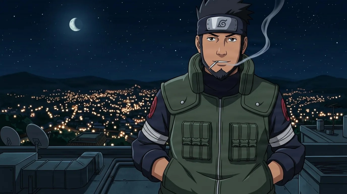 Bearded Konoha ninja in a green flak jacket smokes a cigarette on a rooftop overlooking glowing village lights at night.