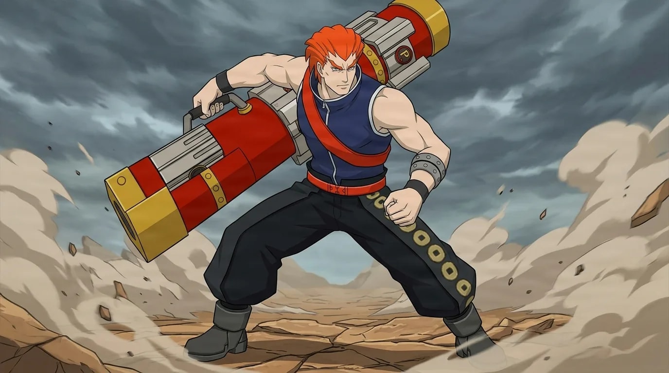 Orange-haired fighter in a blue vest braces in a fighting stance gripping a large red mechanical launcher on a cracked desert battlefield.