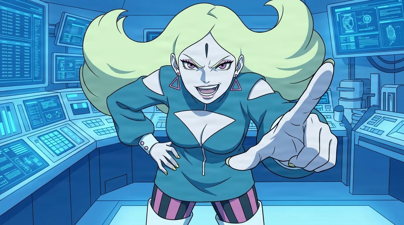 Blonde woman with long pigtails in a teal cutout dress and striped shorts pointing one finger forward with a fierce grin inside a blue lit high tech laboratory