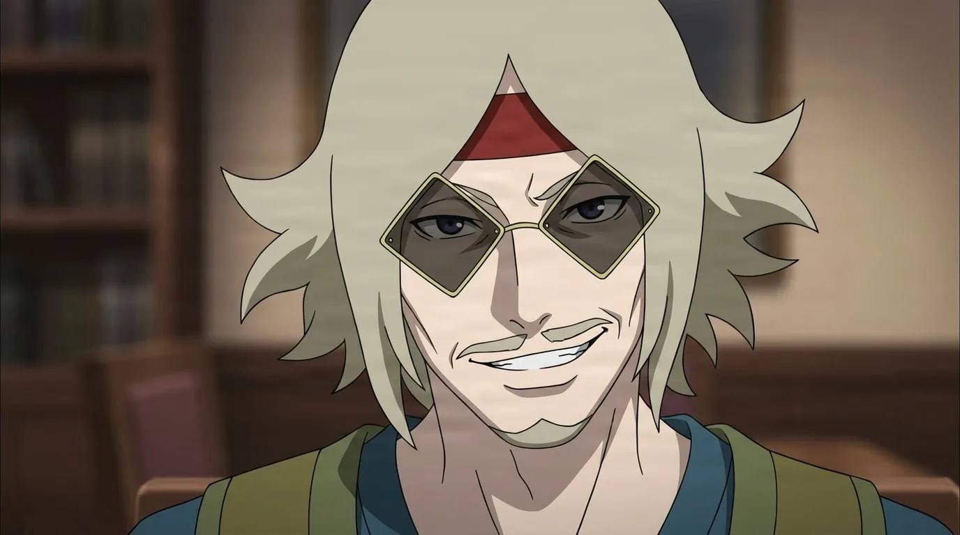 En Oyashiro from Naruto in a close-framed cel-shaded anime scene with a detailed environment