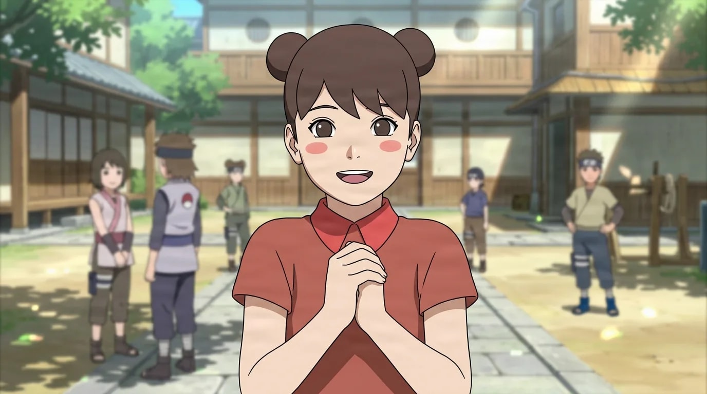Young girl with brown hair in two buns wearing a red dress clasping her hands and smiling brightly in a sunny ninja academy courtyard with students behind