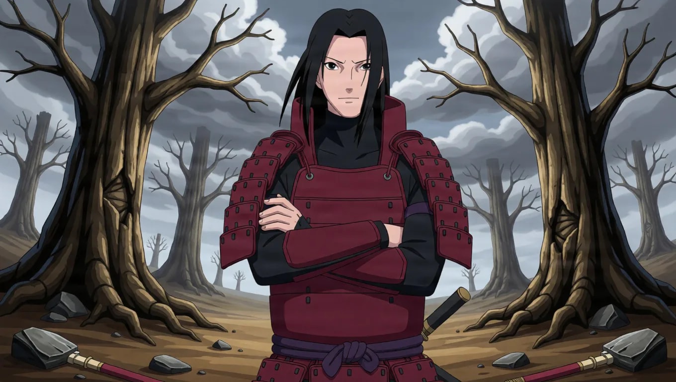 Long black haired warrior in dark red samurai armor over a black high collar bodysuit standing with arms crossed on a battlefield of dead trees under a stormy grey sky