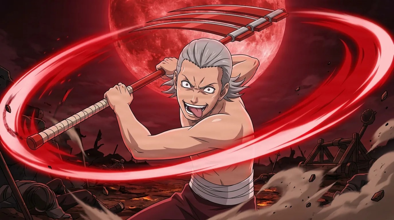 Hidan swings his large triple bladed red scythe in a wide arc across a ruined battlefield beneath a blood red moon, silver hair slicked back and a wild grin on his face