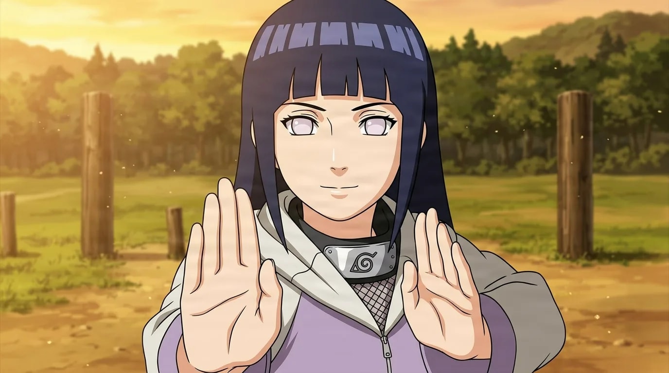 Hinata raises both open palms in a gentle fist guard on a sunset training field, her indigo hair and pale lavender eyes calm and focused above a soft smile