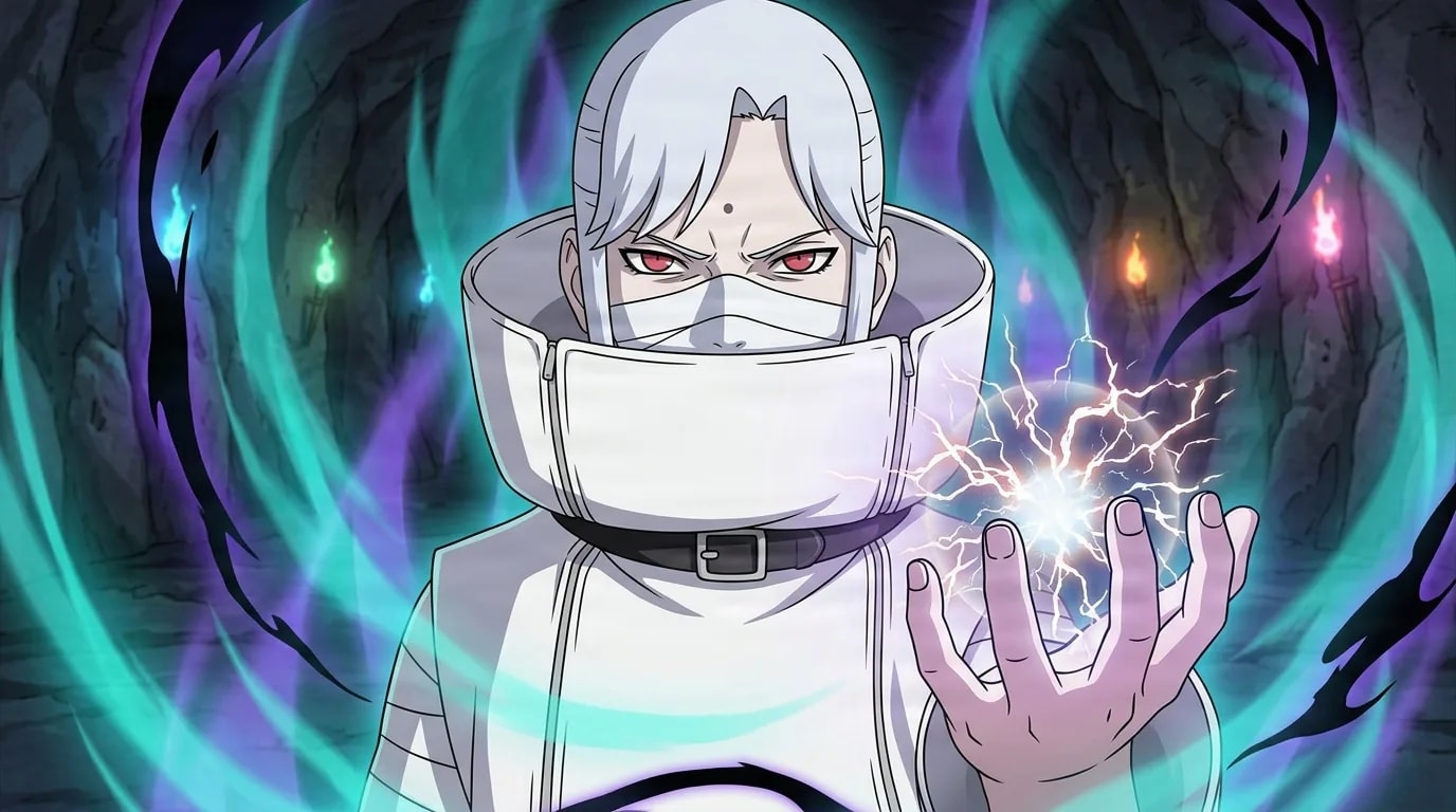 A pale white-haired man with a high white collar and red eyes gathers crackling energy in his palm amid swirling teal and purple light in a torch-lit cavern