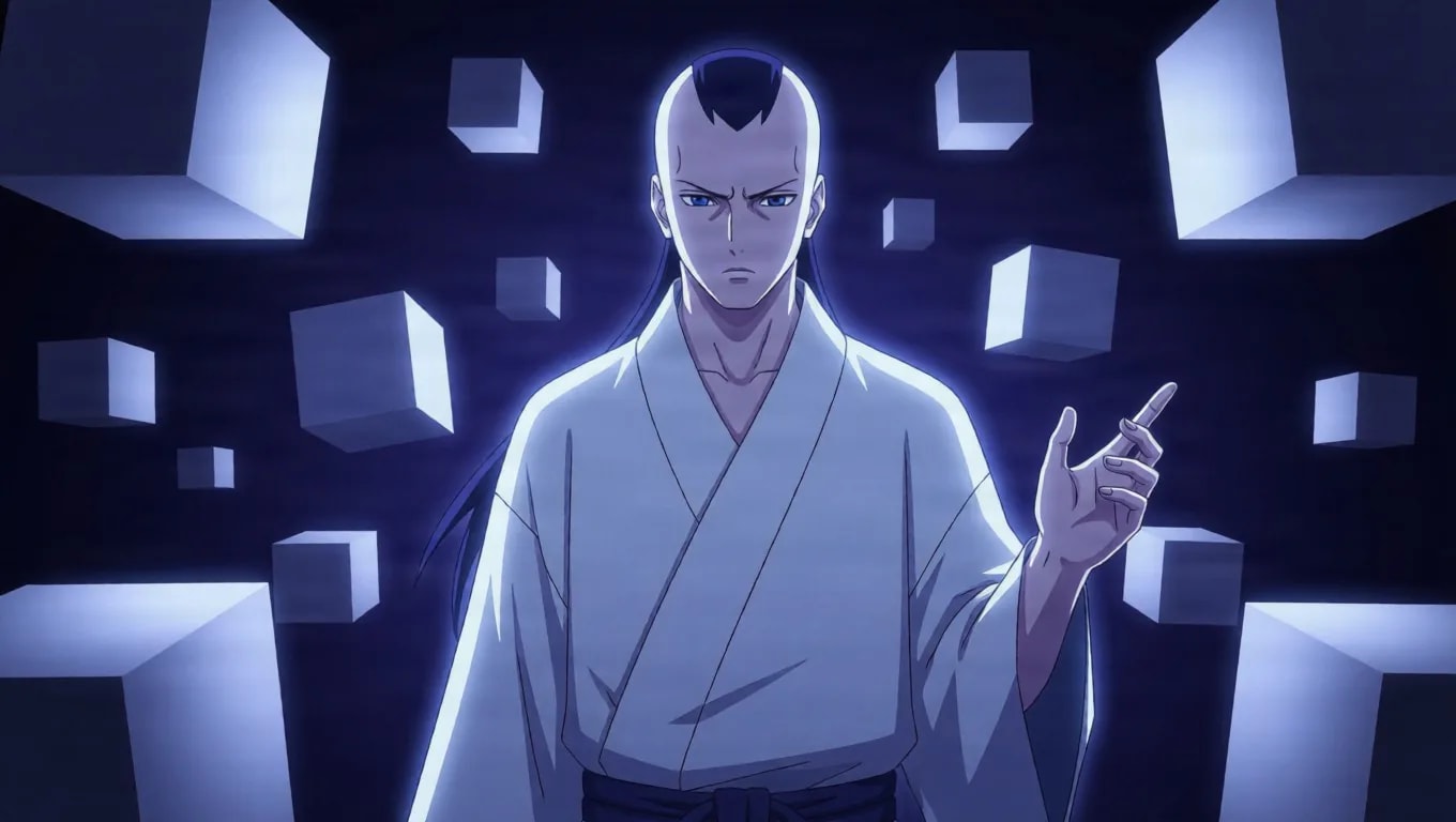 Pale man with an elongated bald head and a small dark hair tuft wearing a white robe raising one hand among glowing white cubes floating in a dark void