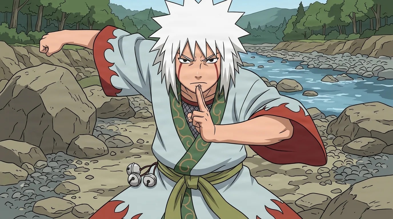 A tall white spiky haired ninja with red streaks under his eyes strikes a bold wide stance with one arm raised on a rocky riverbank beside flowing water.
