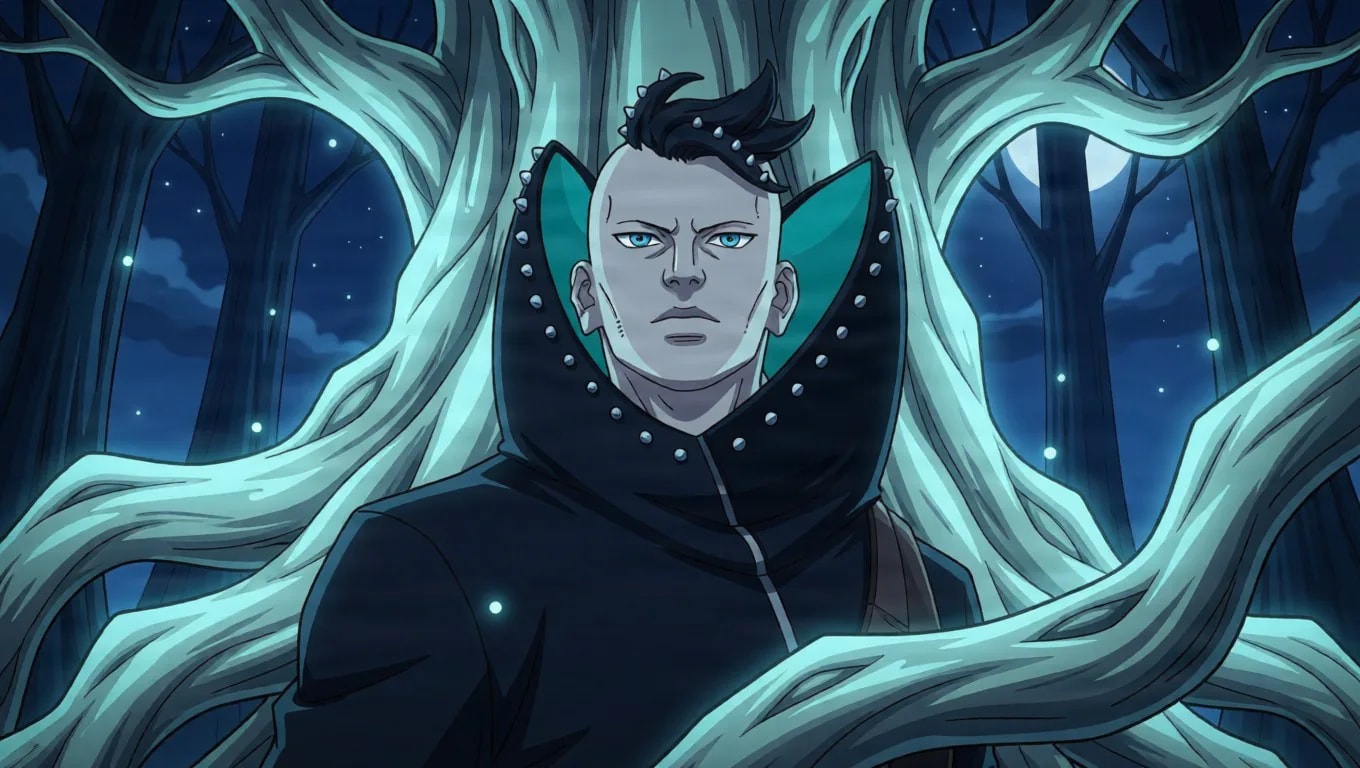 A pale stern man with black spiked hair studded with white beads and a high collar stands among glowing white tree roots in a moonlit forest.