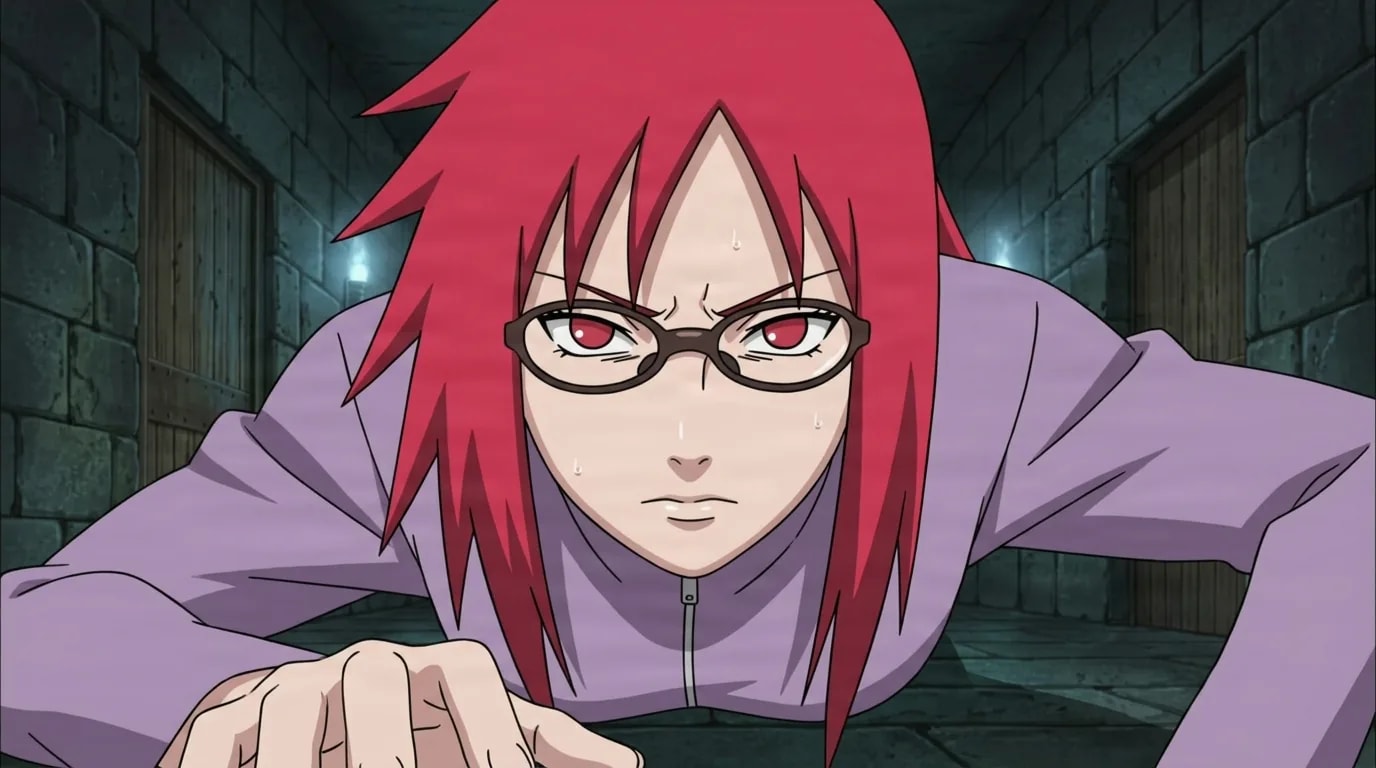 A long red haired kunoichi wearing black framed glasses and a purple jacket leans forward with a sharp intense red eyed stare in a dim stone corridor.