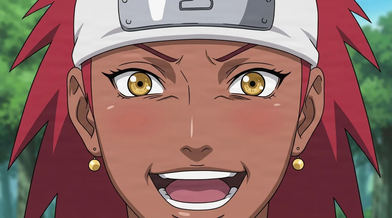 Karui from Naruto in a close-framed cel-shaded anime scene with a detailed environment