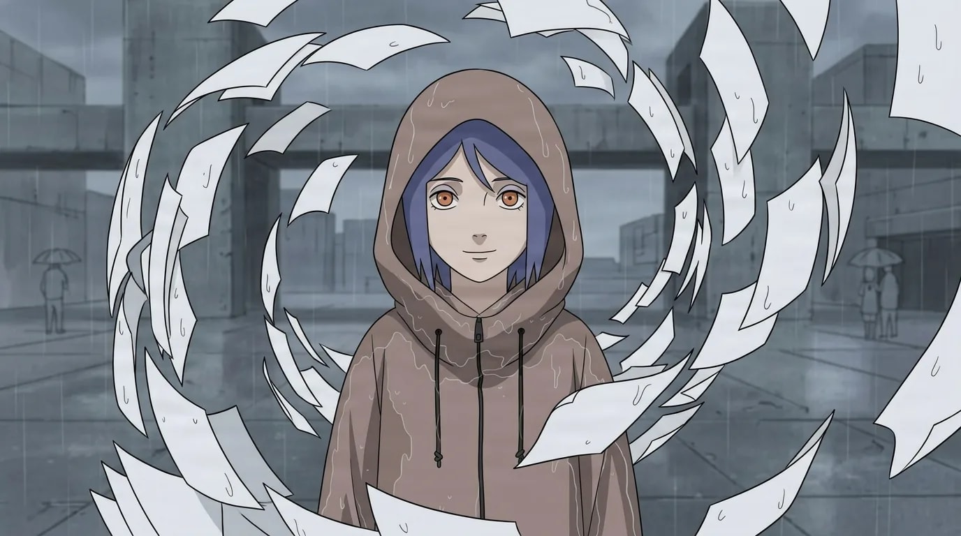 Konan stands calm in a rainy grey plaza as dozens of white paper sheets spiral in the air around her, blue hair framing her amber eyes beneath a brown hood