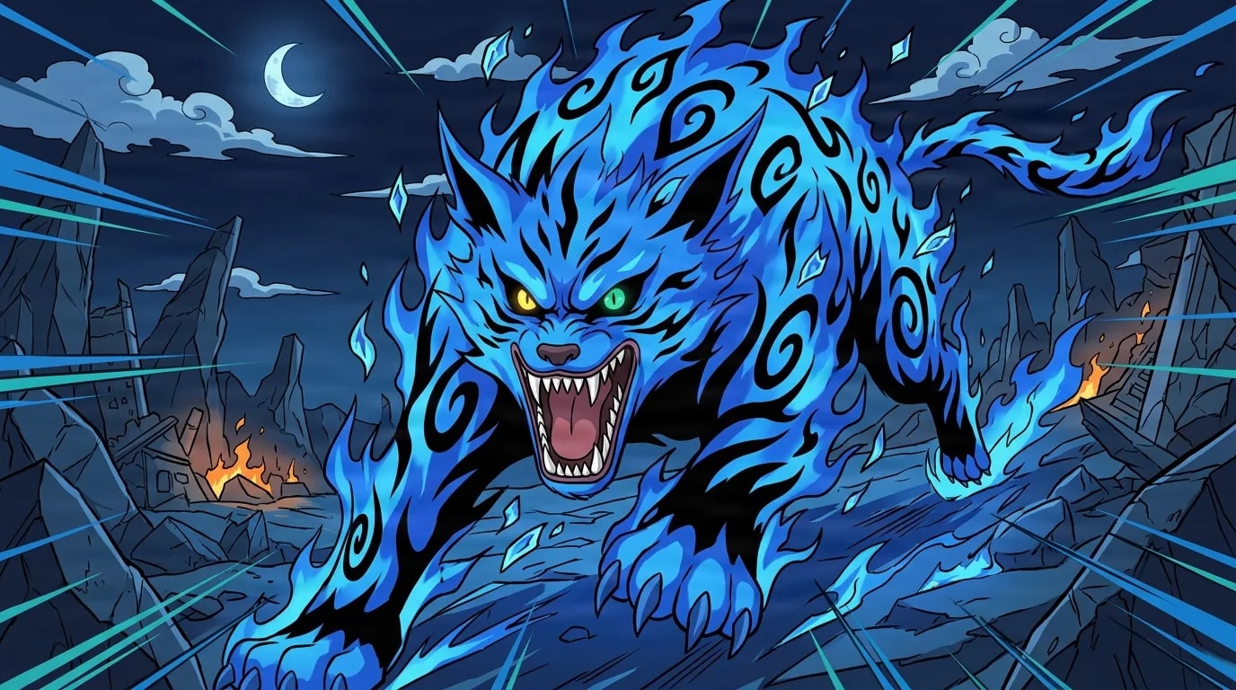 Giant cat made of roaring blue flames with one yellow and one green eye charging across a rocky night battlefield with fangs bared