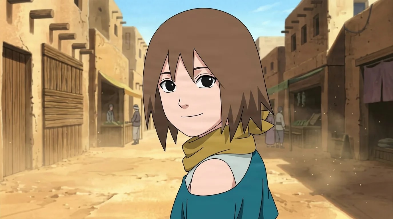 Brown haired kunoichi with a yellow scarf and teal top glances back over her shoulder with a soft smile in a sunlit desert village street