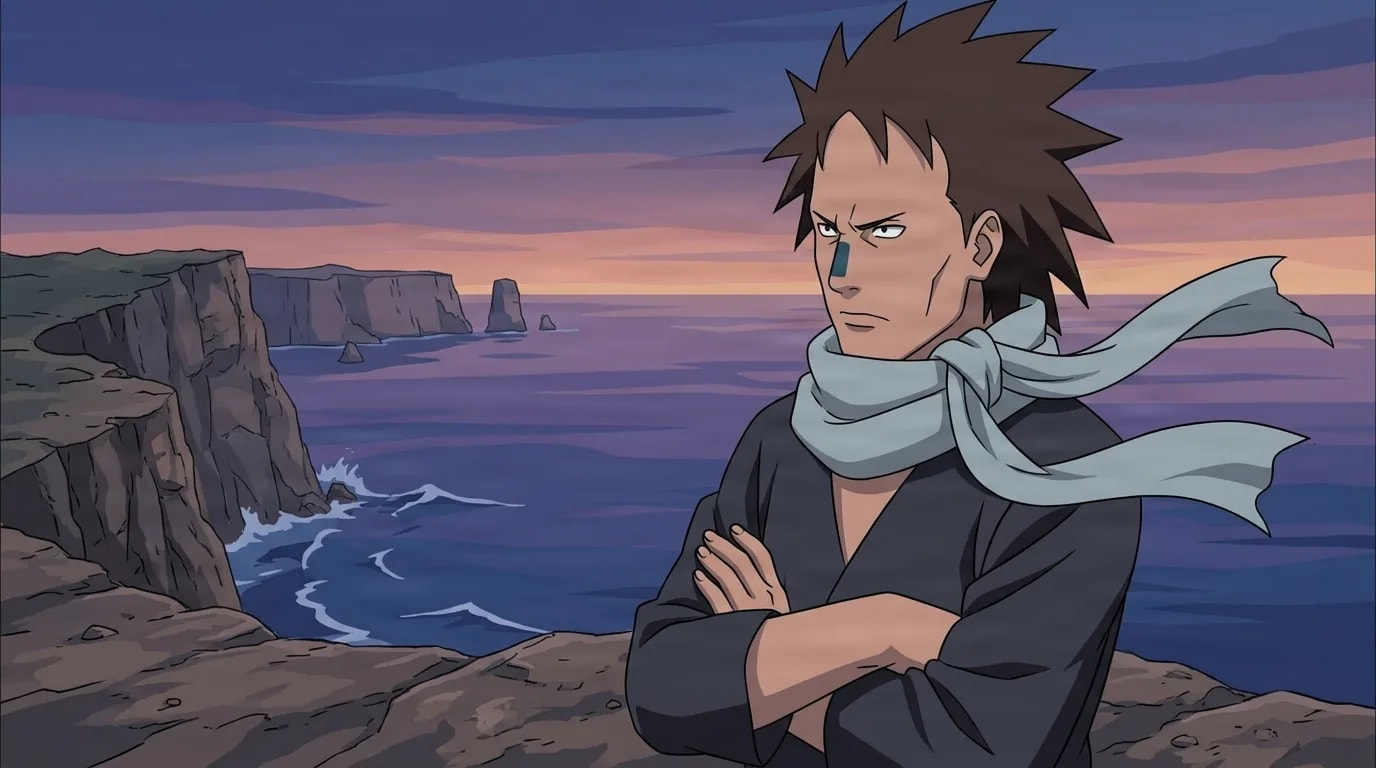 Spiky brown haired shinobi with a grey scarf stands with arms crossed on a rocky sea cliff at dusk