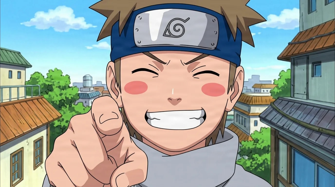 A grinning young boy in a blue Konoha forehead protector points forward with excitement, red blush on his cheeks, above sunlit village rooftops under a blue sky.