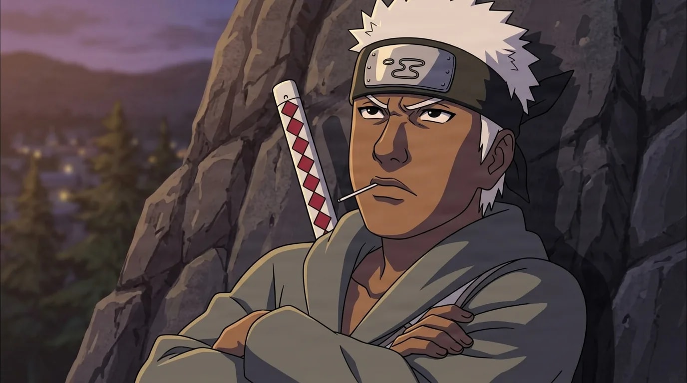 White haired dark skinned ninja with a lollipop stick in his mouth leans on a rocky cliff at dusk, arms crossed with a worried thinking look