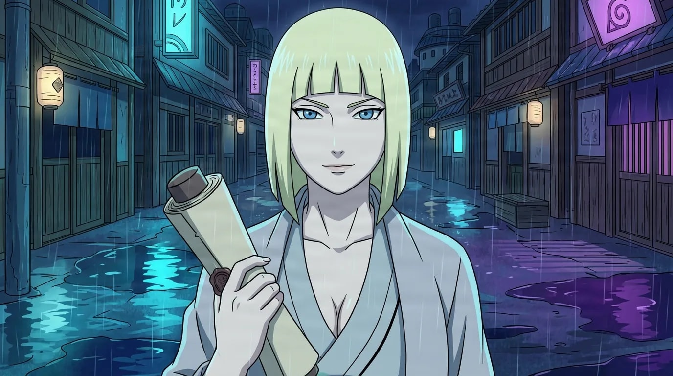 Samui walks down a rain soaked neon village street at night carrying a sealed mission scroll, her blonde bob and calm blue eyes lit by the wet reflections