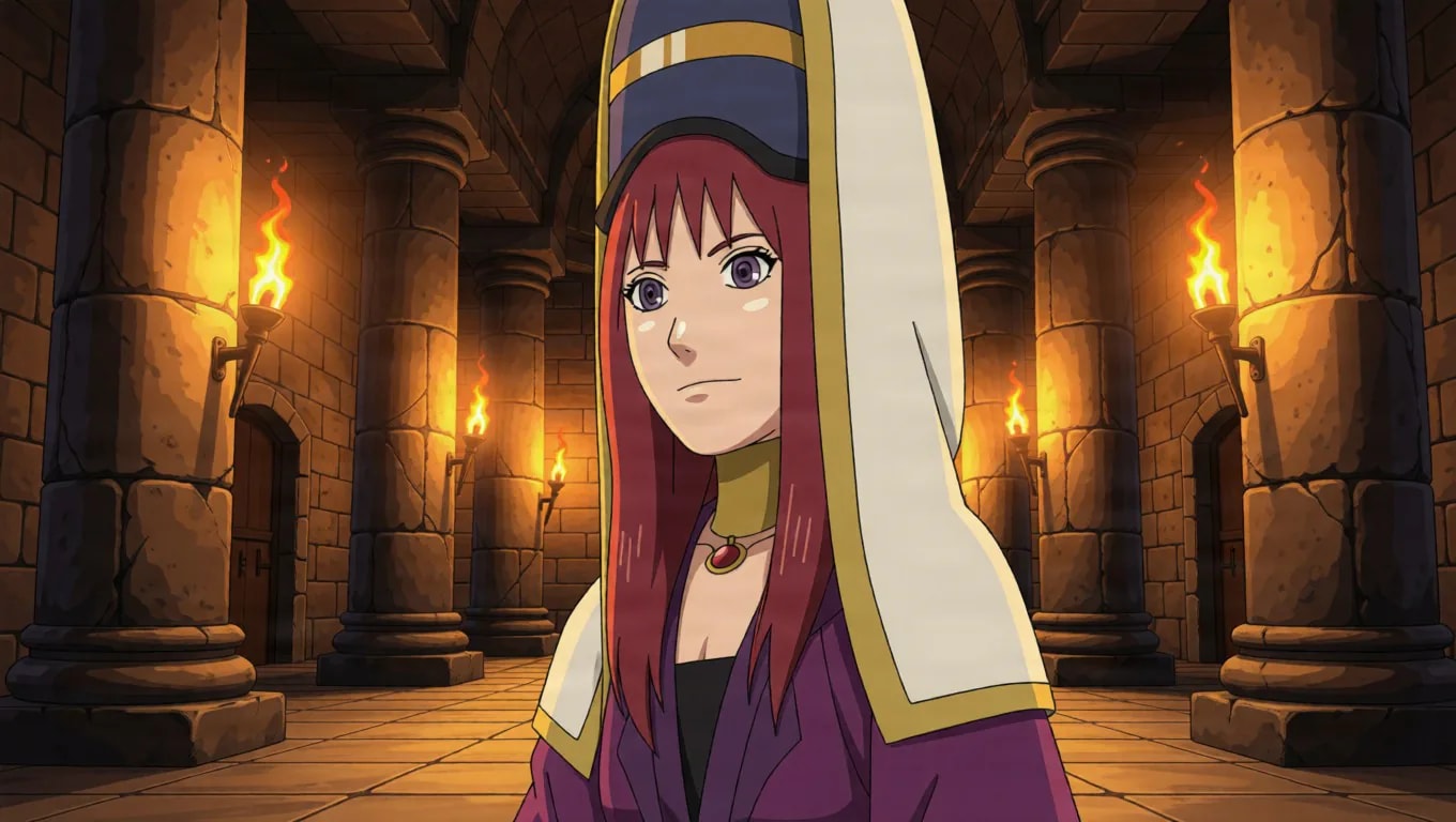 A red-haired woman in a tall blue and gold headdress with a white veil and purple robe stands in a torchlit stone hall lined with pillars.