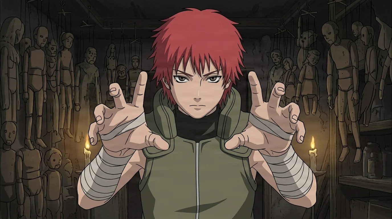 Sasori raises both bandaged hands to work invisible chakra strings in a dim candlelit workshop, red hair and cold eyes surrounded by rows of hanging wooden puppets