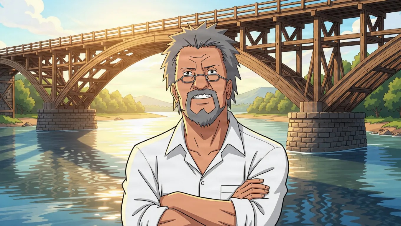 An older man with spiky gray hair, glasses and a gray beard folds his arms before a large wooden arch bridge spanning a sunlit river.