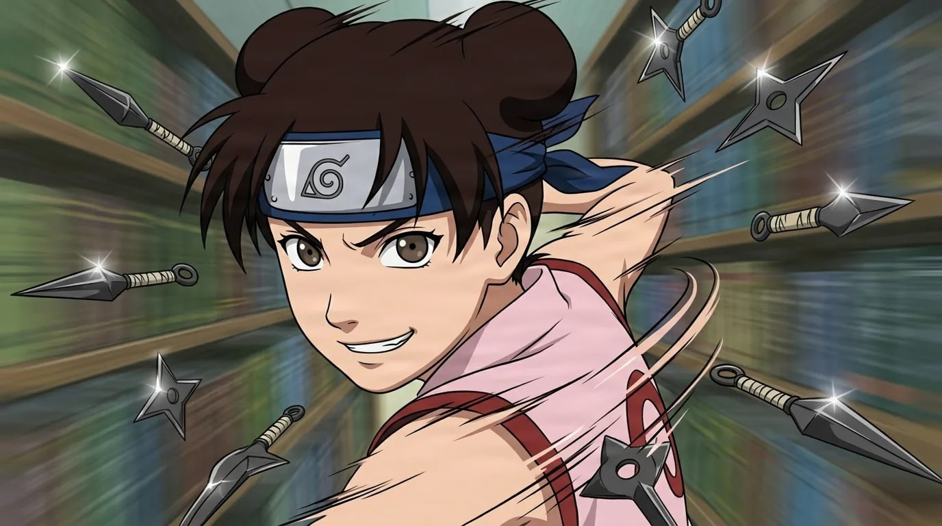 A young kunoichi with twin hair buns and a forehead protector smirks confidently as she turns, surrounded by kunai and shuriken glinting in mid-air with motion streaks behind her.