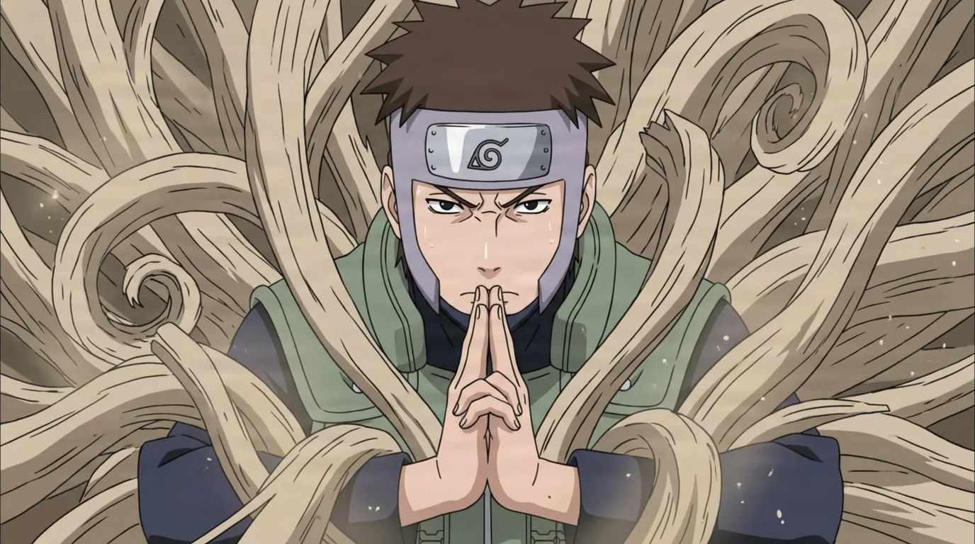 A brown haired ninja in a green flak vest and a face framing headband presses his palms together in a focused hand seal as pale curling wooden branches sprout and swirl around him.