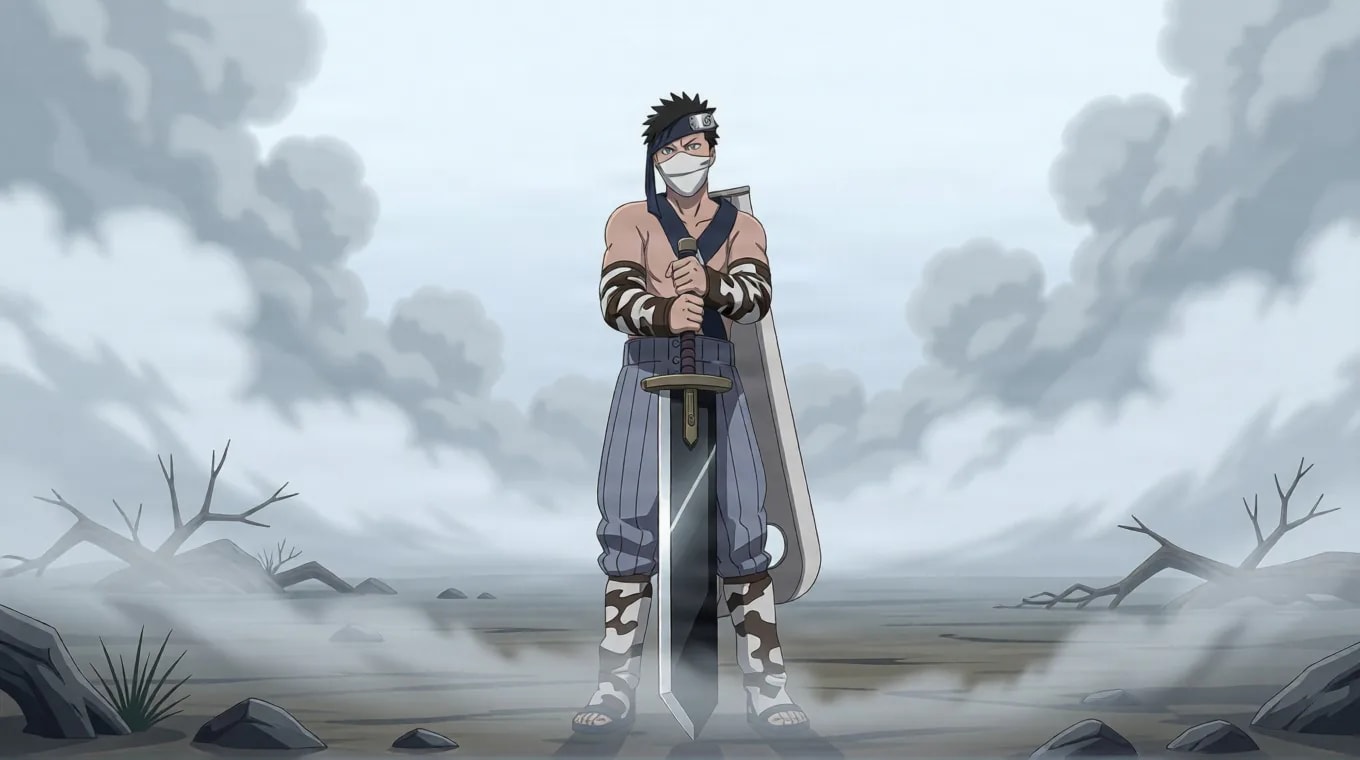 Masked swordsman with cow print arm and leg warmers stands in a foggy gray wasteland gripping his huge cleaver sword planted in the ground