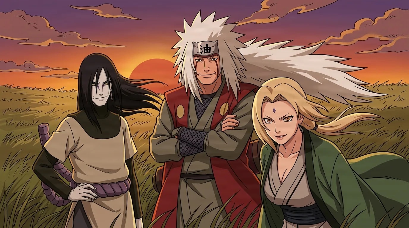 Three legendary ninja standing together in tall grass at sunset, a pale long haired man, a white maned man in red and green, and a blonde woman in a green coat