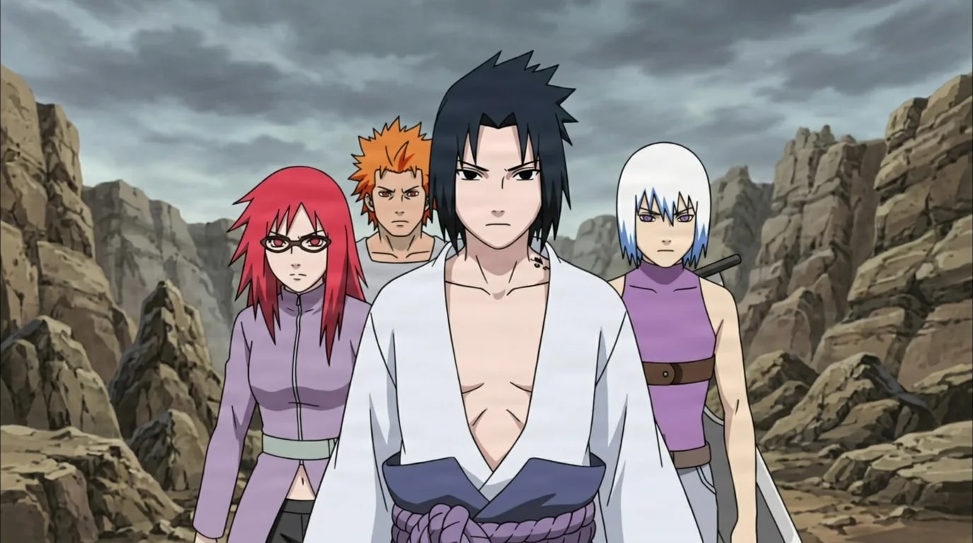 Four young shinobi walk forward through a rocky canyon under grey clouds, a black-haired swordsman in a white robe leading the group