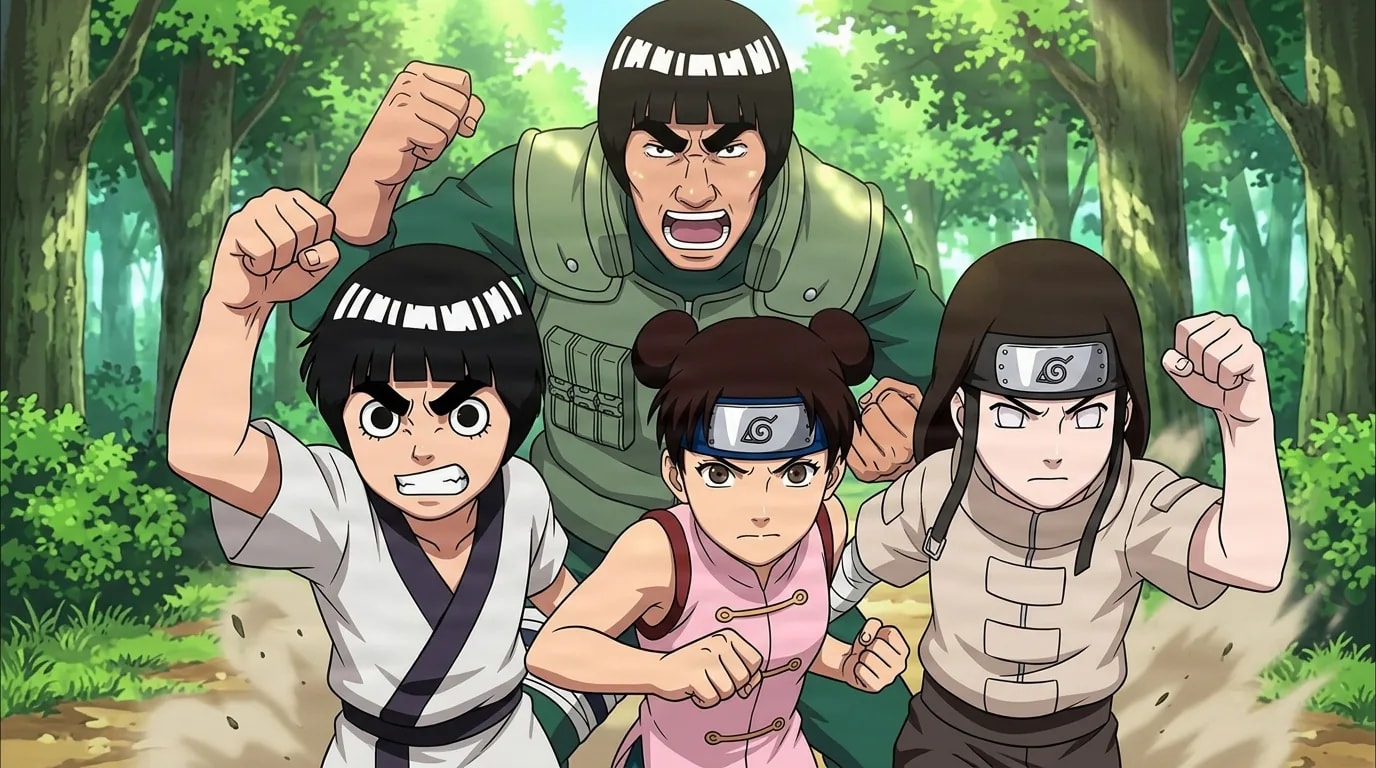Four Leaf ninja charge forward with raised fists and fierce faces through a sunlit green forest, a tall mentor behind three young students.