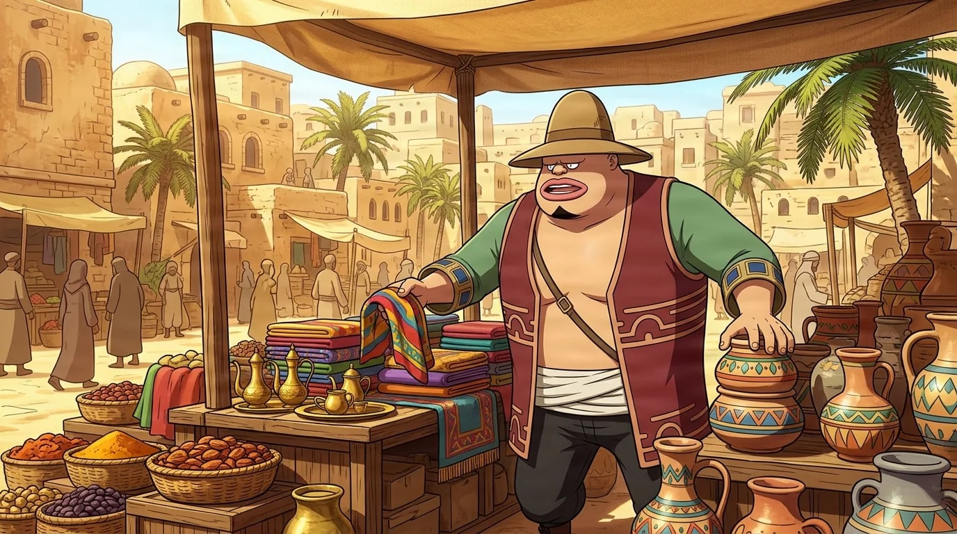 بائع متجوّل بقبّعة عريضة الحواف يبيع أقمشة وفخّاراً ملوّناً في كشك سوق مشمس في أراباستا.