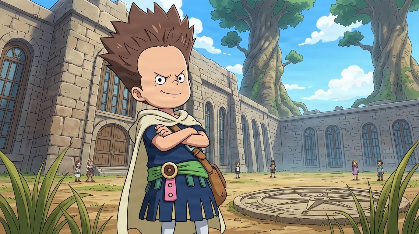 Spiky haired young giant standing arms crossed in a stone courtyard outside a towering school